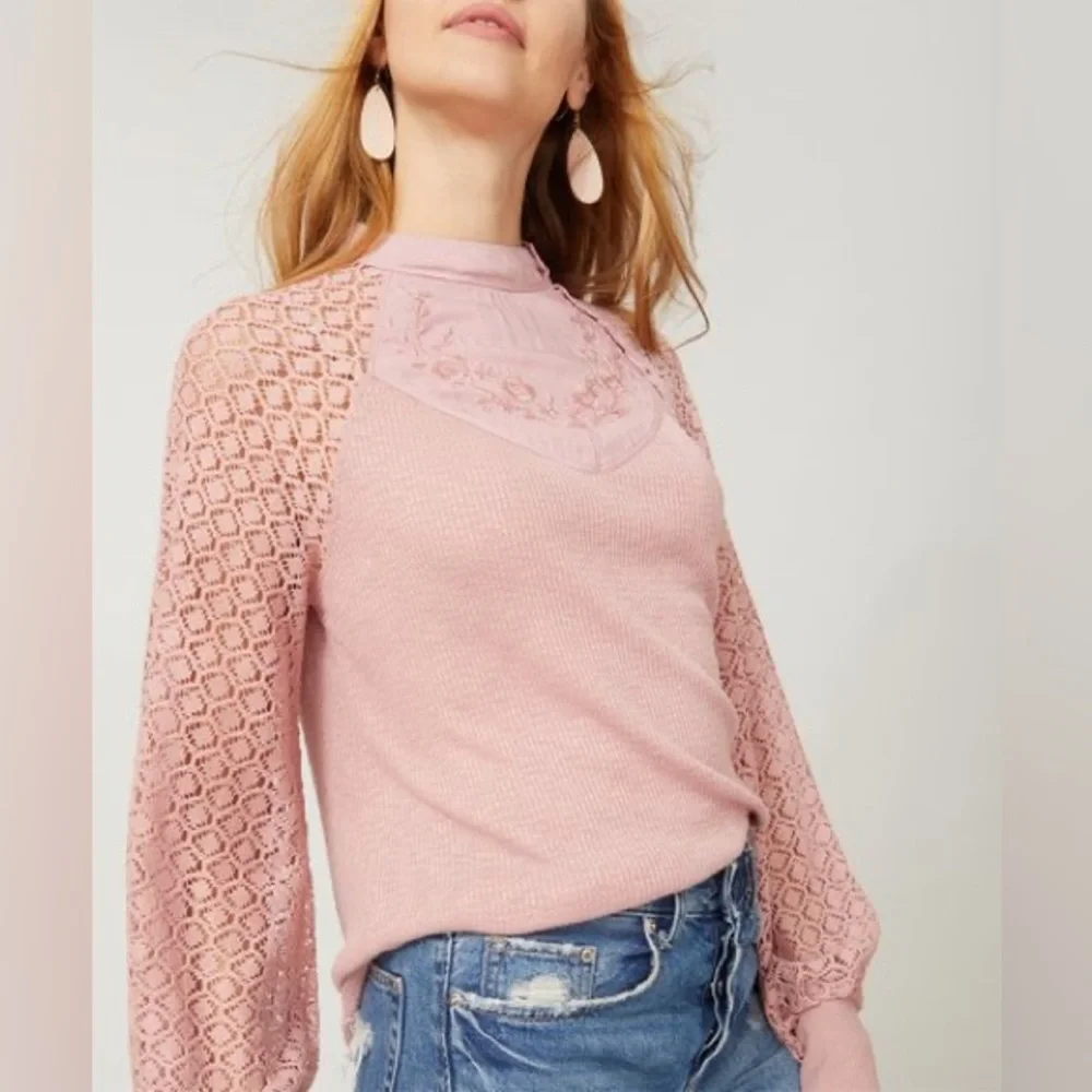Free People Embroidered Crocheted Thermal High Neck Top